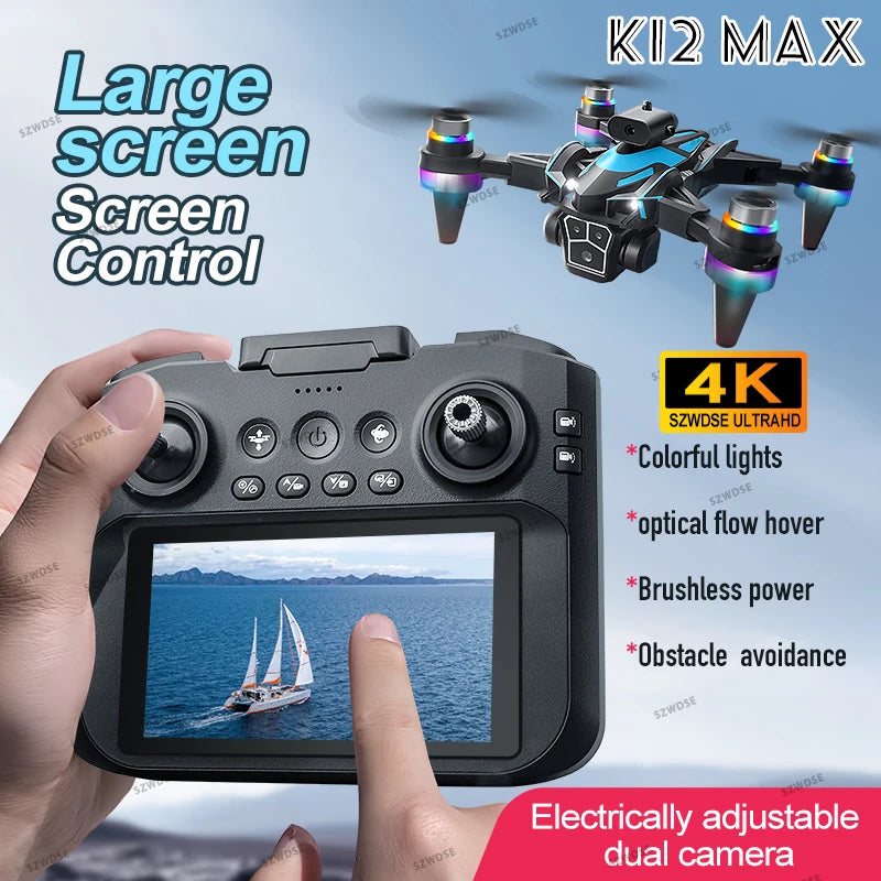 Drone K12 Max - RC Brushless Professionnel Double Caméra 4K Évitement Obstacles Écran 4.3" Pliable Quadricoptère