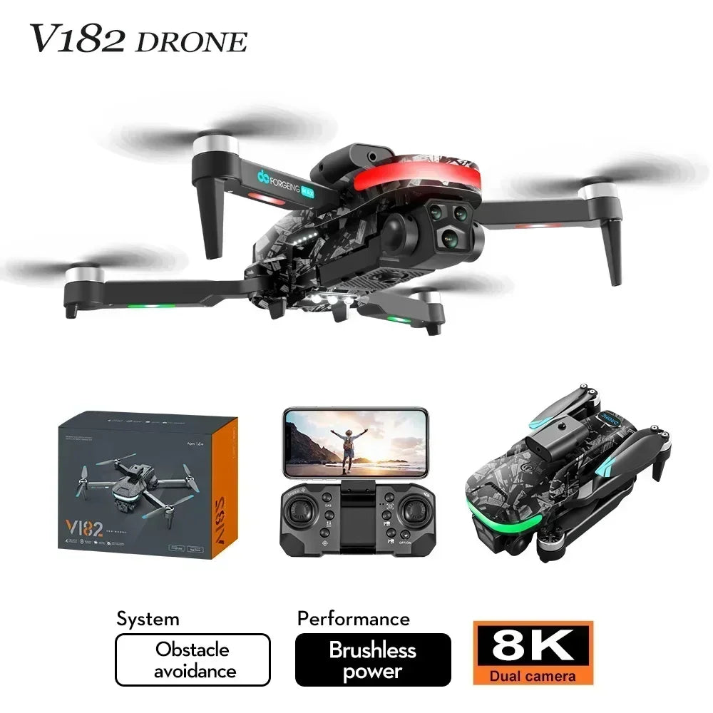 Drone V182 - Double Caméra 8K Brushless Photographie Aérienne Évitement Obstacles Laser Quadricoptère RC