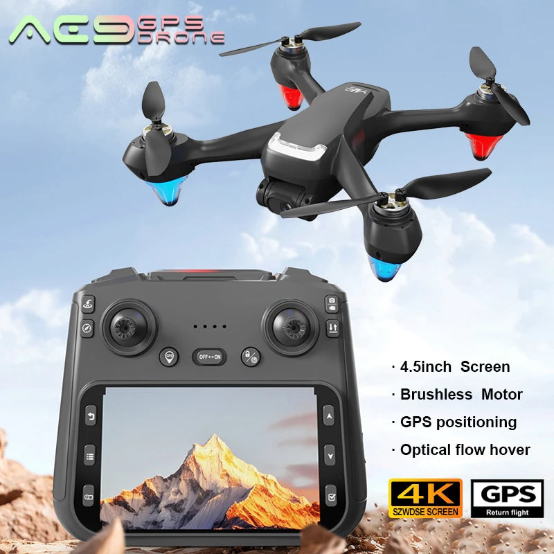 Drone AE9 - GPS 4K Professionnel Caméra HD Brushless FPV avec Écran 4.5" Positionnement Optique Quadricoptère RC