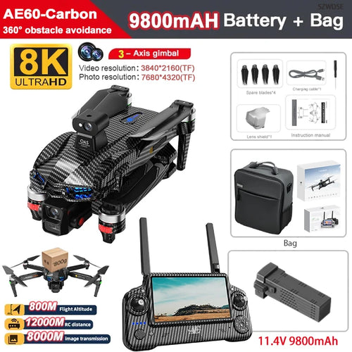 Drone AE60 - GPS 8K Professionnel Nacelle 3 Axes Caméra HD Brushless Largage Aérien 800g Écran Tactile 5.5" Pêche FPV 12KM