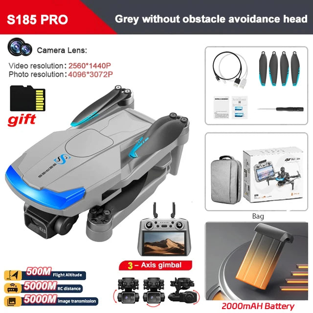 Drone S185 - GPS 8K Professionnel Double Caméra 2.7K Nacelle 3 Axes Brushless Évitement Obstacles 360° Écran Tactile 5.5" 5KM