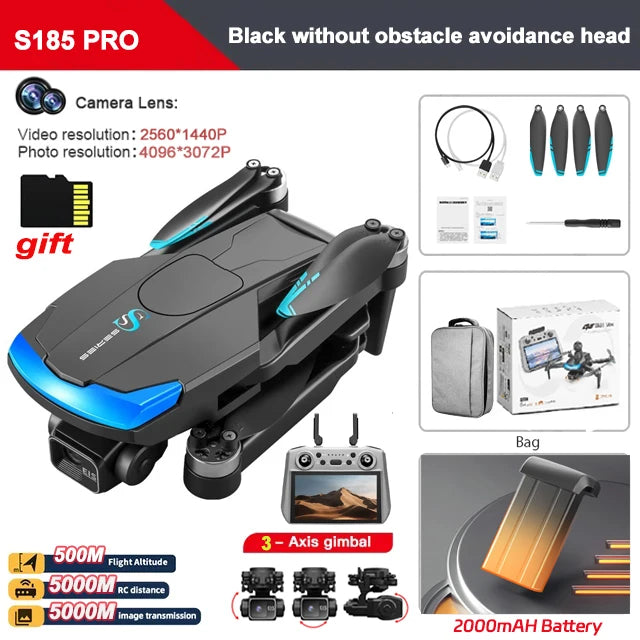 Drone S185 - GPS 8K Professionnel Double Caméra 2.7K Nacelle 3 Axes Brushless Évitement Obstacles 360° Écran Tactile 5.5" 5KM