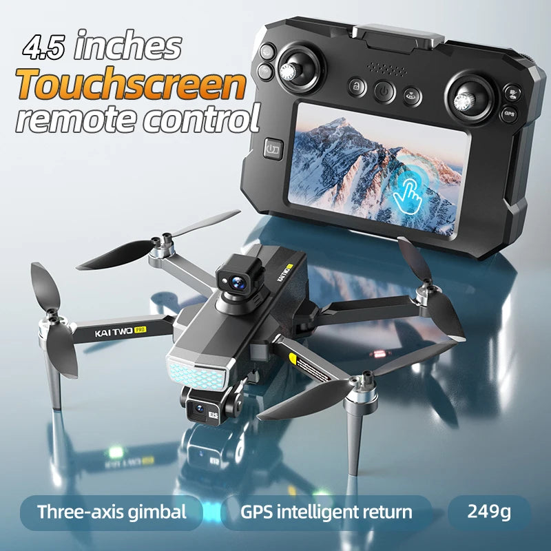 Drone KAI TWO - RC GPS 8K HD Professionnel Double Caméra Brushless Évitement Obstacles Écran Tactile 4.5" Nacelle 3 Axes