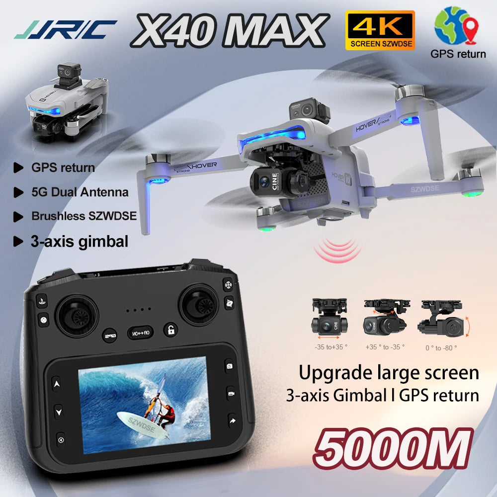 Drone X40 - Max GPS Professionnel Caméra 4K Nacelle 3 Axes Brushless Évitement Obstacles Écran 4.5" FPV Pliable RC Quadricoptère