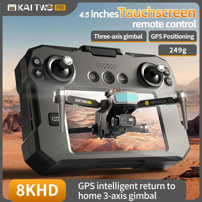 Drone KAI TWO - RC GPS 8K HD Professionnel Double Caméra Brushless Évitement Obstacles Écran Tactile 4.5" Nacelle 3 Axes