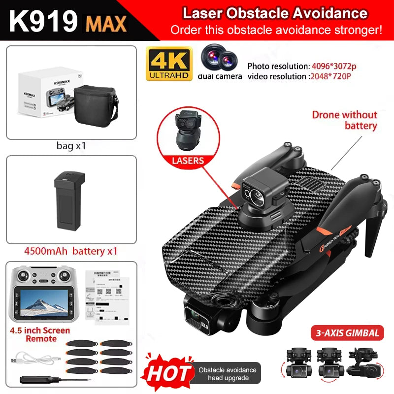 Drone K919 - MAX GPS 8K Professionnel Caméra HD Nacelle 3 Axes Brushless Évitement Obstacles Écran 4.5" Pliable FPV RC