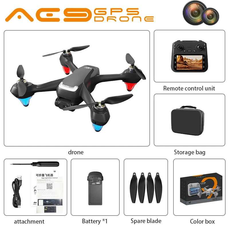Drone AE9 - GPS 4K Professionnel Caméra HD Brushless FPV avec Écran 4.5" Positionnement Optique Quadricoptère RC