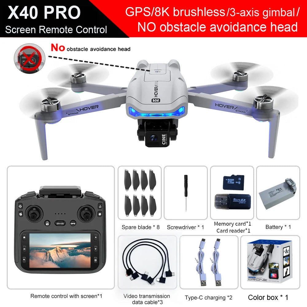 Drone X40 - Max GPS Professionnel Caméra 4K Nacelle 3 Axes Brushless Évitement Obstacles Écran 4.5" FPV Pliable RC Quadricoptère