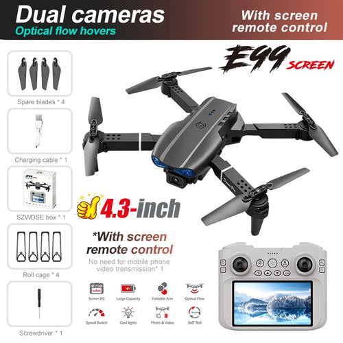 Drone E99 MAX - 8K HD Double Caméra Écran Contrôle 4.3" Mode Sans Tête Flip 360° Pliable Mini Quadricoptère Jouet Enfant