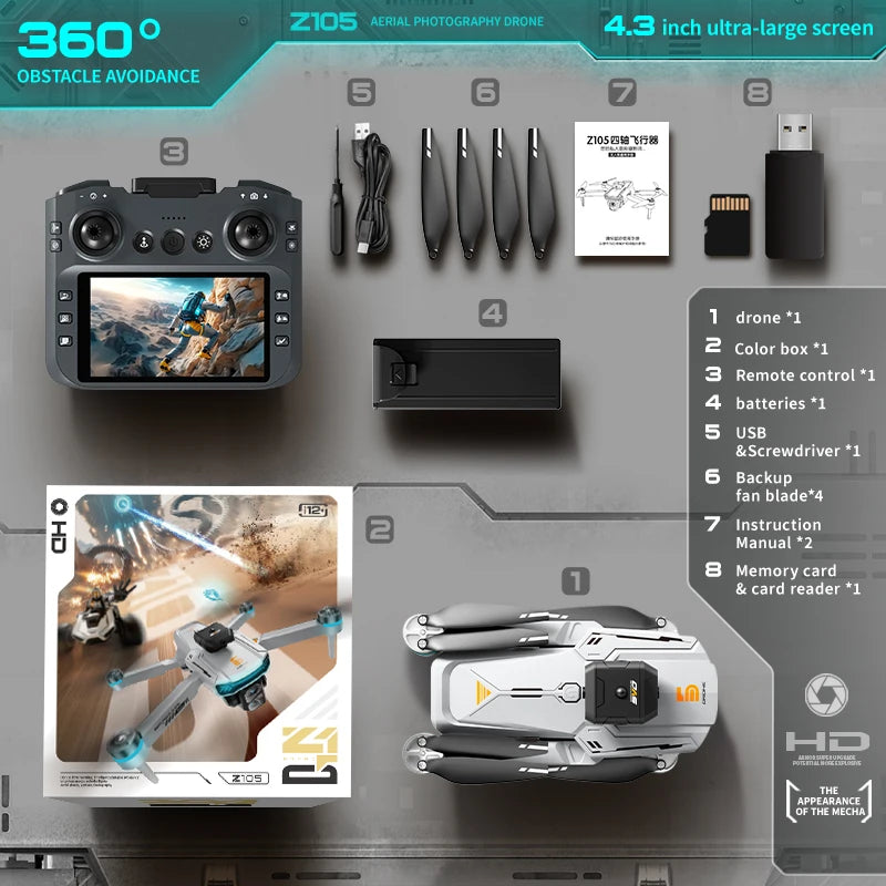 Z105 Drone - Dual 4K Cameras, Brushless Motor, Anti-Vibration Gimbal, 4.3" Screen, WiFi, Optical Positioning, RC
