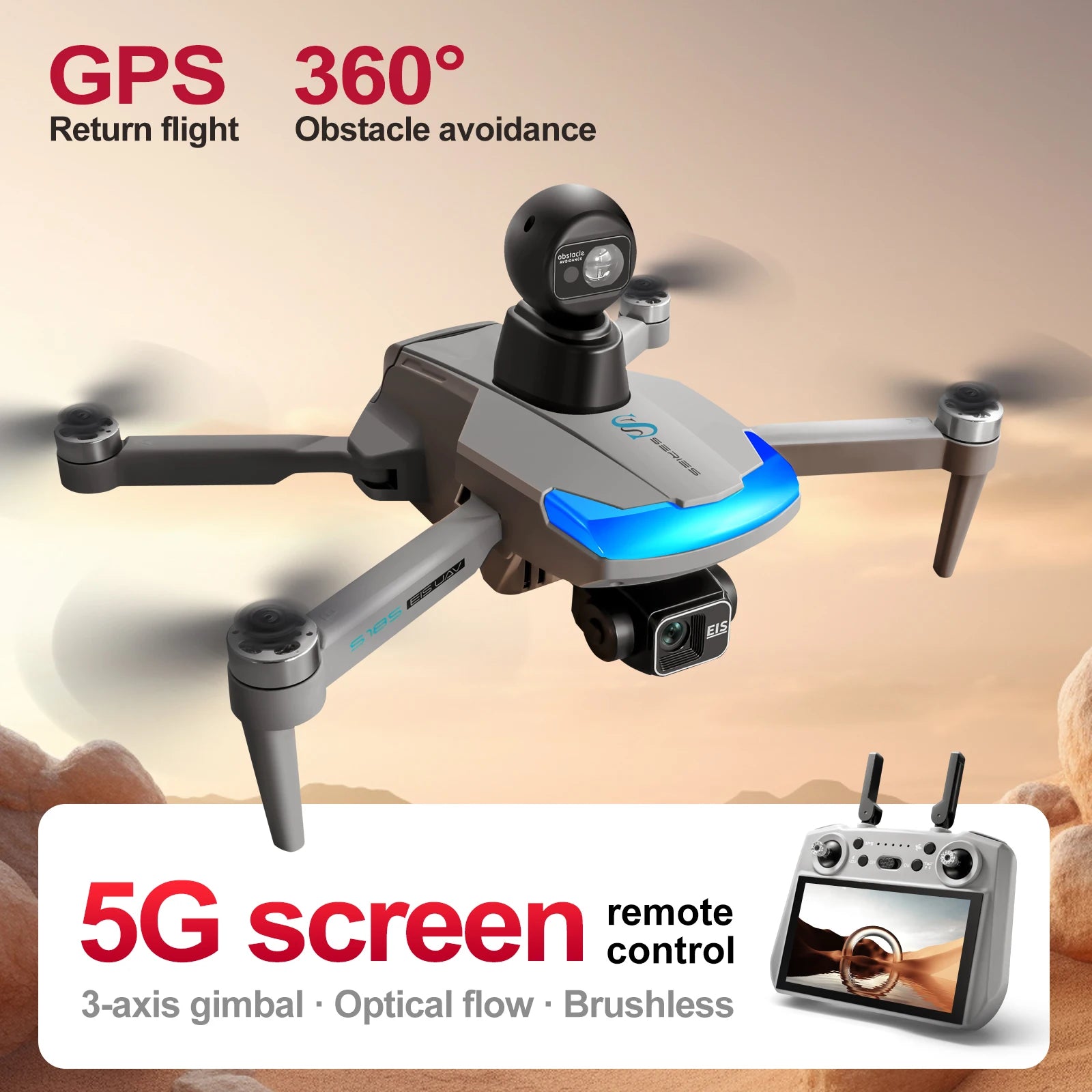 Drone S185 - GPS 8K Professionnel Double Caméra 2.7K Nacelle 3 Axes Brushless Évitement Obstacles 360° Écran Tactile 5.5" 5KM