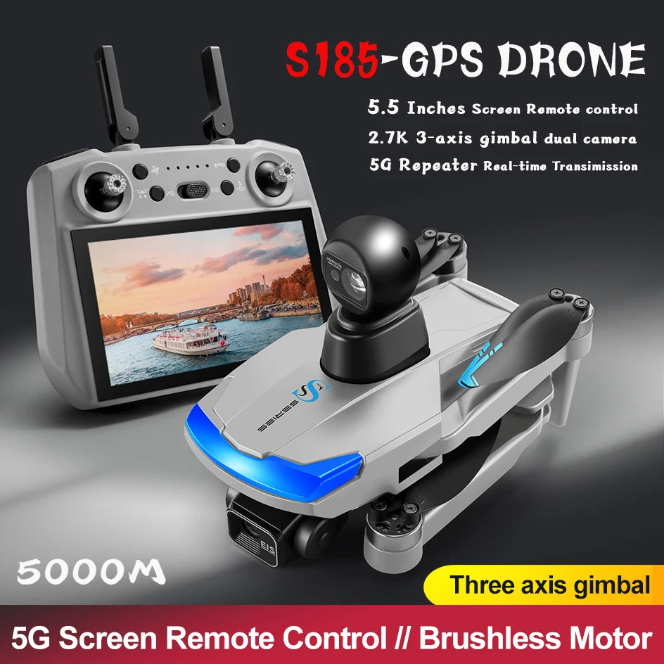 Drone S185 - GPS 8K Professionnel Double Caméra 2.7K Nacelle 3 Axes Brushless Évitement Obstacles 360° Écran Tactile 5.5" 5KM