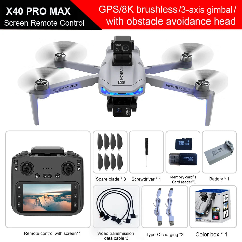 Drone X40 - Max GPS Professionnel Caméra 4K Nacelle 3 Axes Brushless Évitement Obstacles Écran 4.5" FPV Pliable RC Quadricoptère
