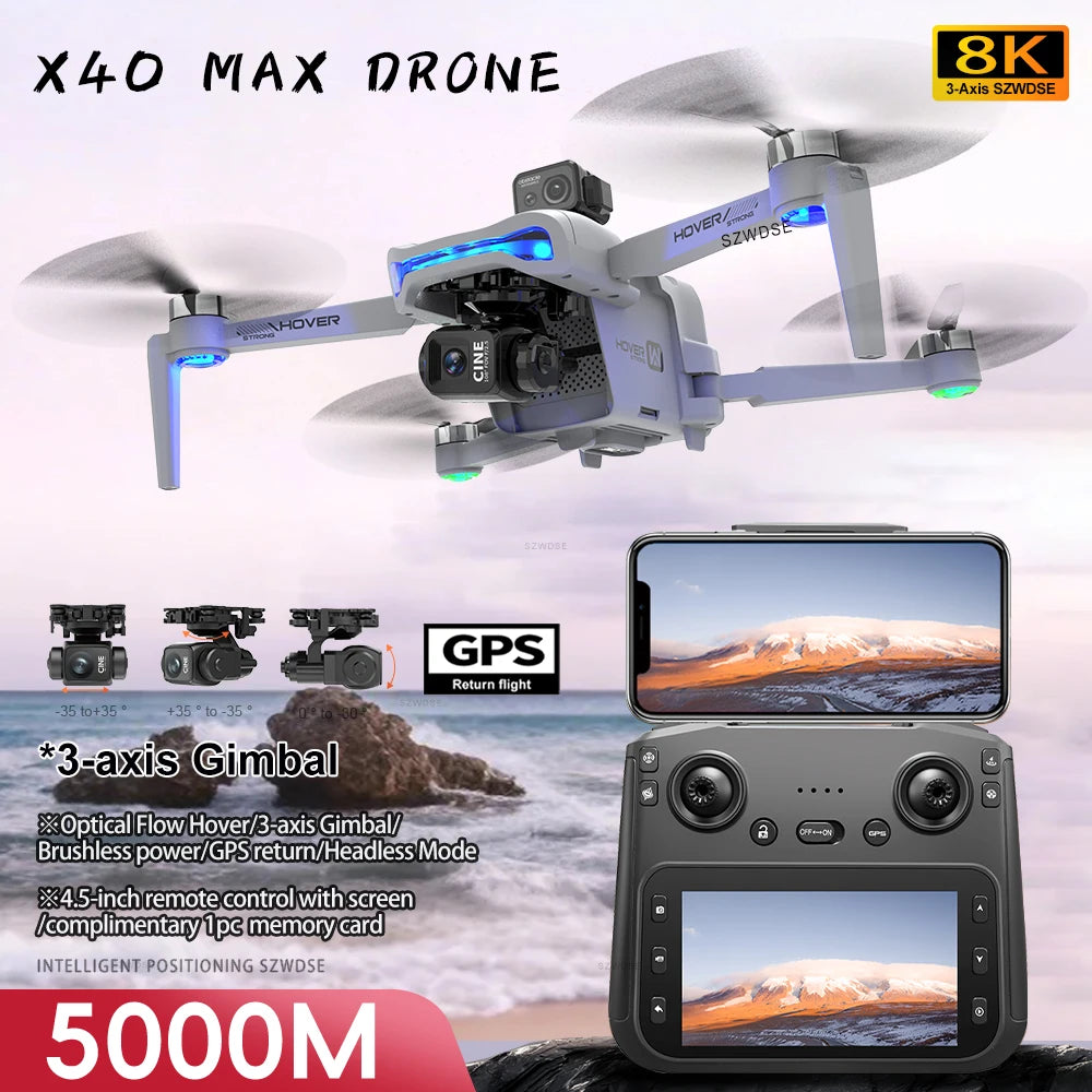 Drone X40 - Max GPS Professionnel Caméra 4K Nacelle 3 Axes Brushless Évitement Obstacles Écran 4.5" FPV Pliable RC Quadricoptère