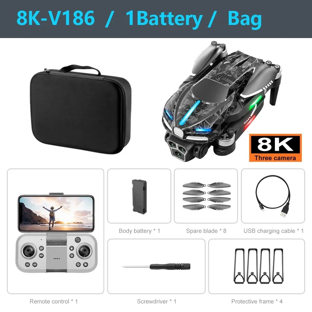 D042 - Drone V186 Pro - Caméra 8K Triple HD Évitement Obstacles 540° GPS Brushless Pliable Quadricoptère FPV