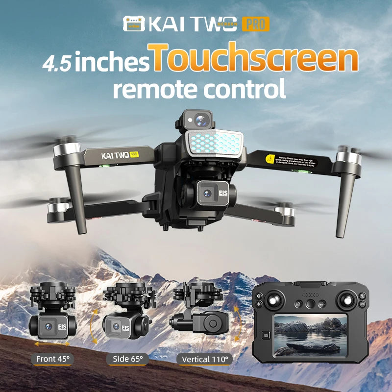 Drone KAI TWO - RC GPS 8K HD Professionnel Double Caméra Brushless Évitement Obstacles Écran Tactile 4.5" Nacelle 3 Axes