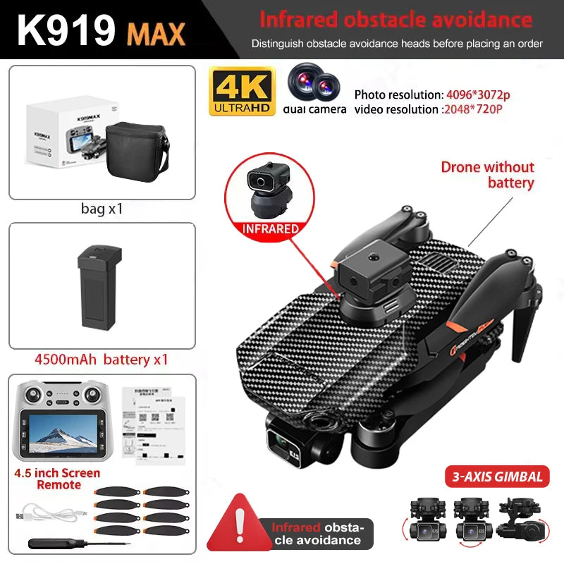 Drone K919 - MAX GPS 8K Professionnel Caméra HD Nacelle 3 Axes Brushless Évitement Obstacles Écran 4.5" Pliable FPV RC