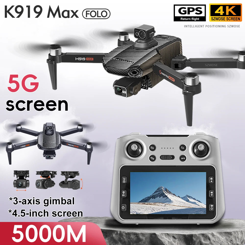 Drone K919 - MAX GPS 8K Professionnel Caméra HD Nacelle 3 Axes Brushless Évitement Obstacles Écran 4.5" Pliable FPV RC