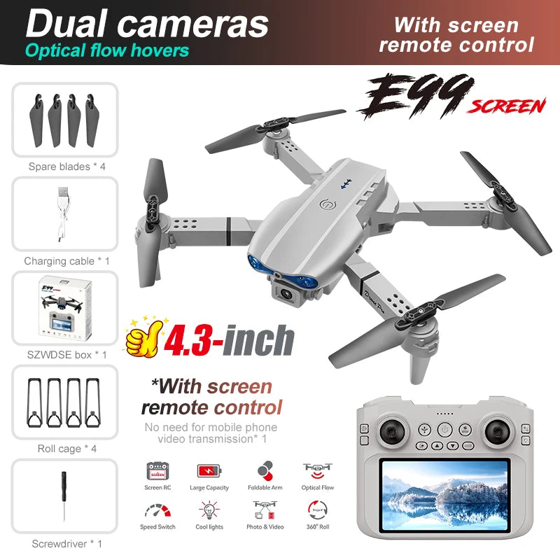 Drone E99 MAX - 8K HD Double Caméra Écran Contrôle 4.3" Mode Sans Tête Flip 360° Pliable Mini Quadricoptère Jouet Enfant
