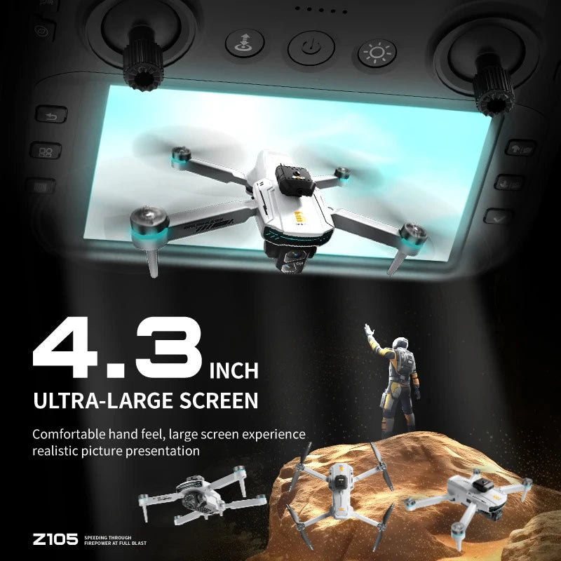 Z105 Drone - Dual 4K Cameras, Brushless Motor, Anti-Vibration Gimbal, 4.3" Screen, WiFi, Optical Positioning, RC