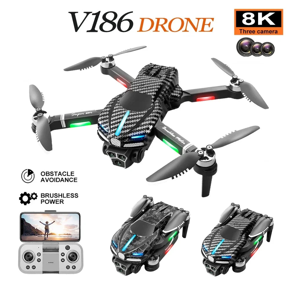 D042 - Drone V186 Pro - Caméra 8K Triple HD Évitement Obstacles 540° GPS Brushless Pliable Quadricoptère FPV