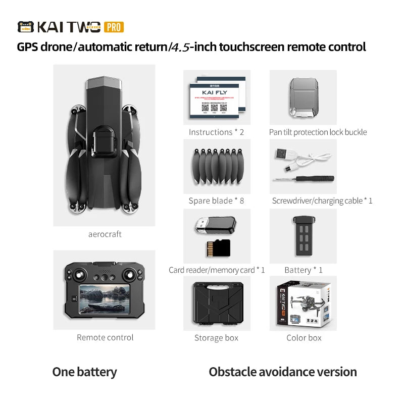 Drone KAI TWO - RC GPS 8K HD Professionnel Double Caméra Brushless Évitement Obstacles Écran Tactile 4.5" Nacelle 3 Axes