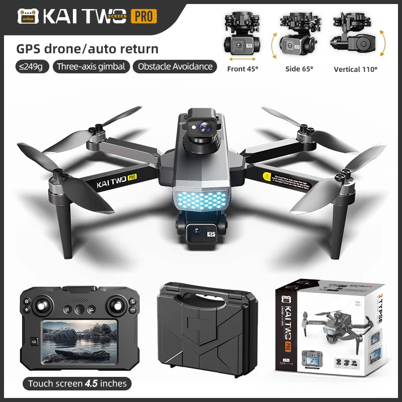 Drone KAI TWO - RC GPS 8K HD Professionnel Double Caméra Brushless Évitement Obstacles Écran Tactile 4.5" Nacelle 3 Axes