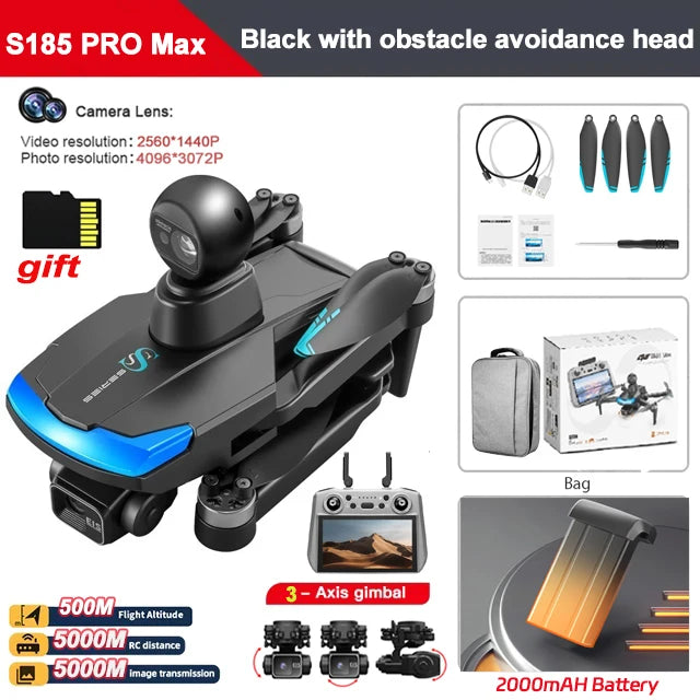 Drone S185 - GPS 8K Professionnel Double Caméra 2.7K Nacelle 3 Axes Brushless Évitement Obstacles 360° Écran Tactile 5.5" 5KM
