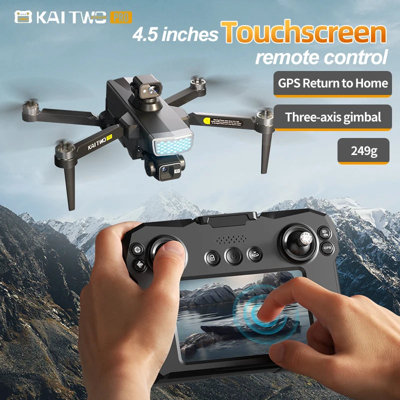 Drone KAI TWO - RC GPS 8K HD Professionnel Double Caméra Brushless Évitement Obstacles Écran Tactile 4.5" Nacelle 3 Axes