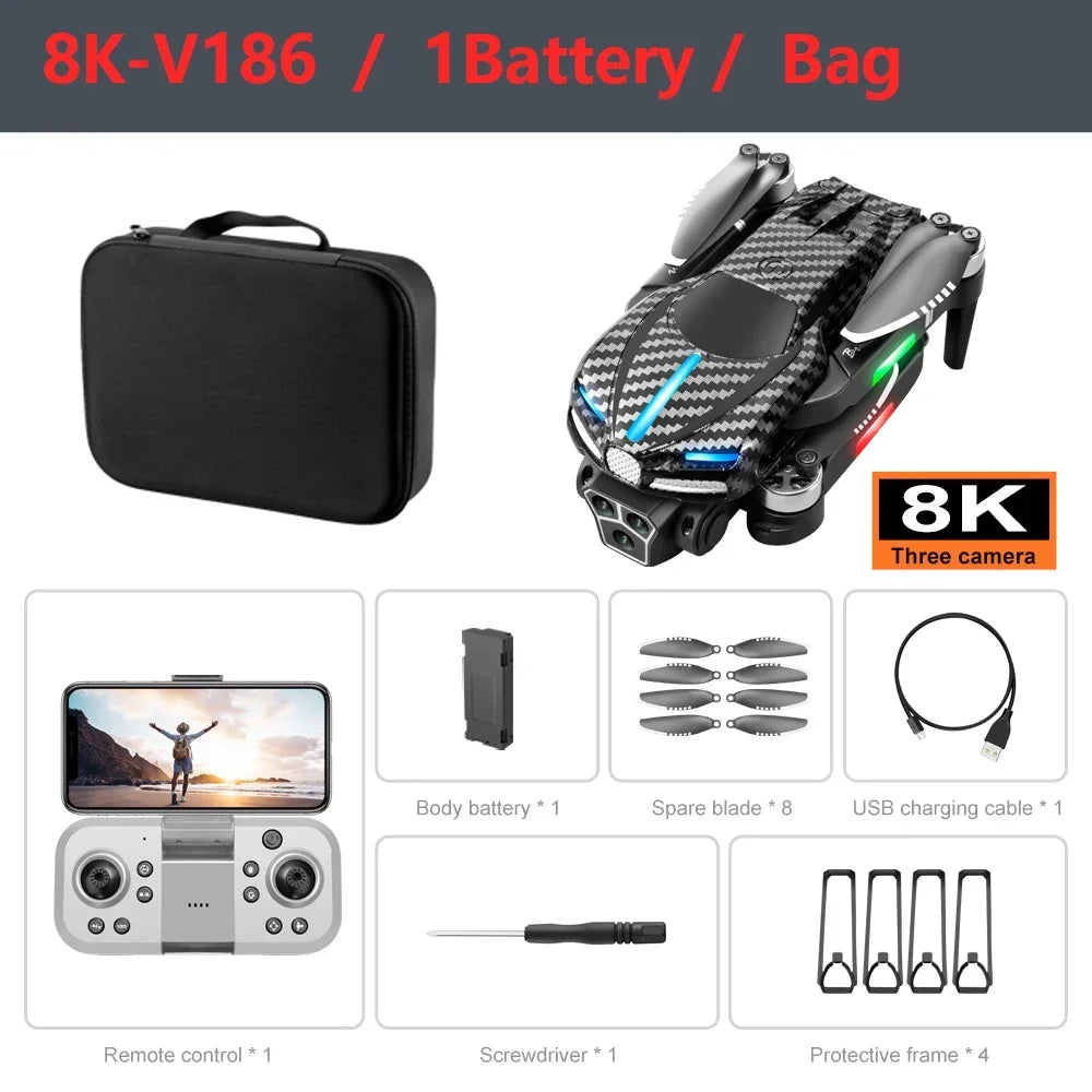 D042 - Drone V186 Pro - Caméra 8K Triple HD Évitement Obstacles 540° GPS Brushless Pliable Quadricoptère FPV