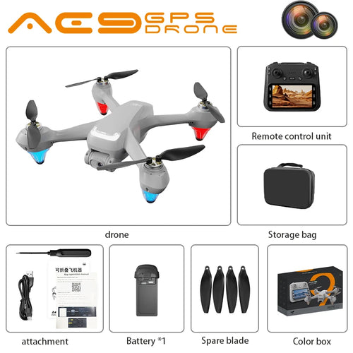 Drone AE9 - GPS 4K Professionnel Caméra HD Brushless FPV avec Écran 4.5" Positionnement Optique Quadricoptère RC