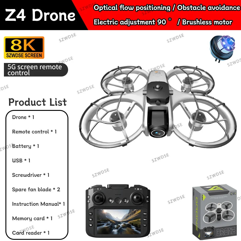Drone Z4 - Mini Professionnel 4K Double Caméra avec Écran 4.3" Brushless FPV Positionnement Optique Quadricoptère RC