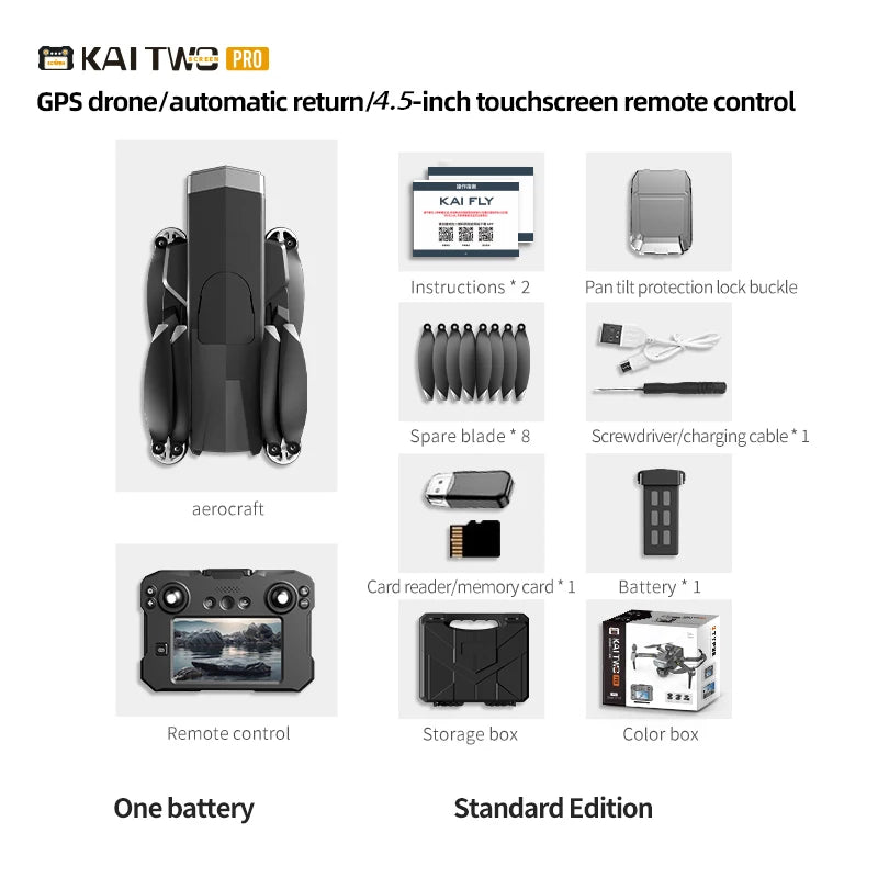 Drone KAI TWO - RC GPS 8K HD Professionnel Double Caméra Brushless Évitement Obstacles Écran Tactile 4.5" Nacelle 3 Axes