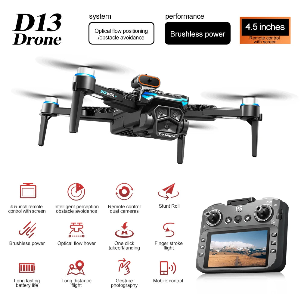D039 - Drone D13 Pro - Triple Caméra 4K HD Écran 4.5" WiFi 5G FPV Brushless Évitement Obstacles 360° RC Quadcopter