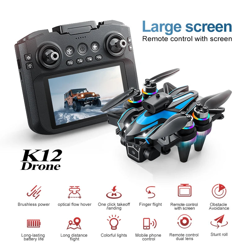 Drone K12 Max - RC Brushless Professionnel Double Caméra 4K Évitement Obstacles Écran 4.3" Pliable Quadricoptère