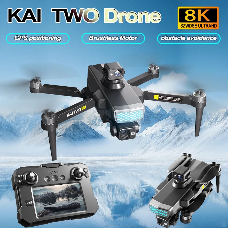 Drone KAI TWO - RC GPS 8K HD Professionnel Double Caméra Brushless Évitement Obstacles Écran Tactile 4.5" Nacelle 3 Axes