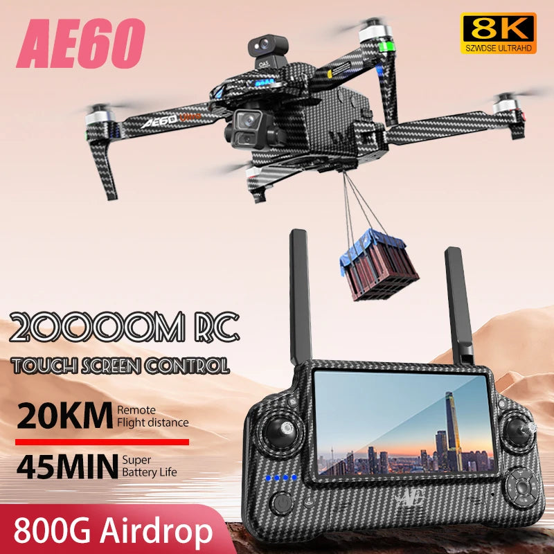Drone AE60 - GPS 8K Professionnel Nacelle 3 Axes Caméra HD Brushless Largage Aérien 800g Écran Tactile 5.5" Pêche FPV 12KM
