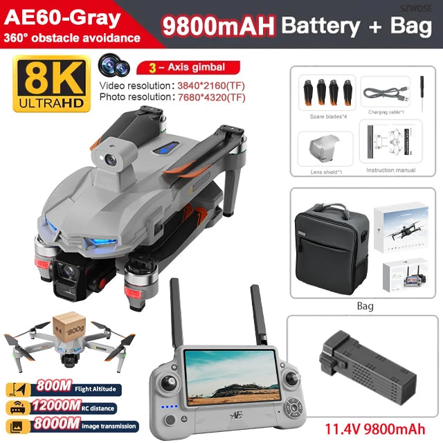 Drone AE60 - GPS 8K Professionnel Nacelle 3 Axes Caméra HD Brushless Largage Aérien 800g Écran Tactile 5.5" Pêche FPV 12KM